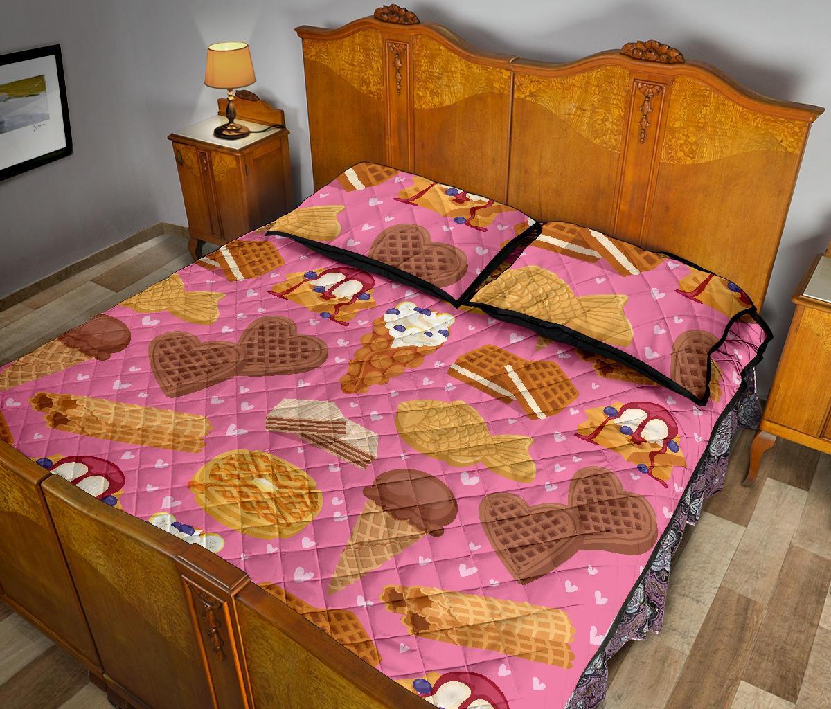 Waffle Dessert Pattern Print Bed Set Quilt-grizzshop