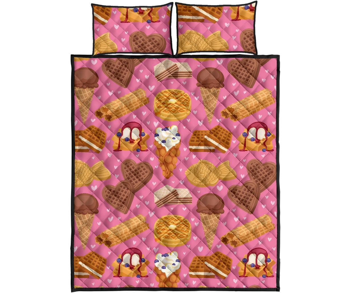 Waffle Dessert Pattern Print Bed Set Quilt-grizzshop