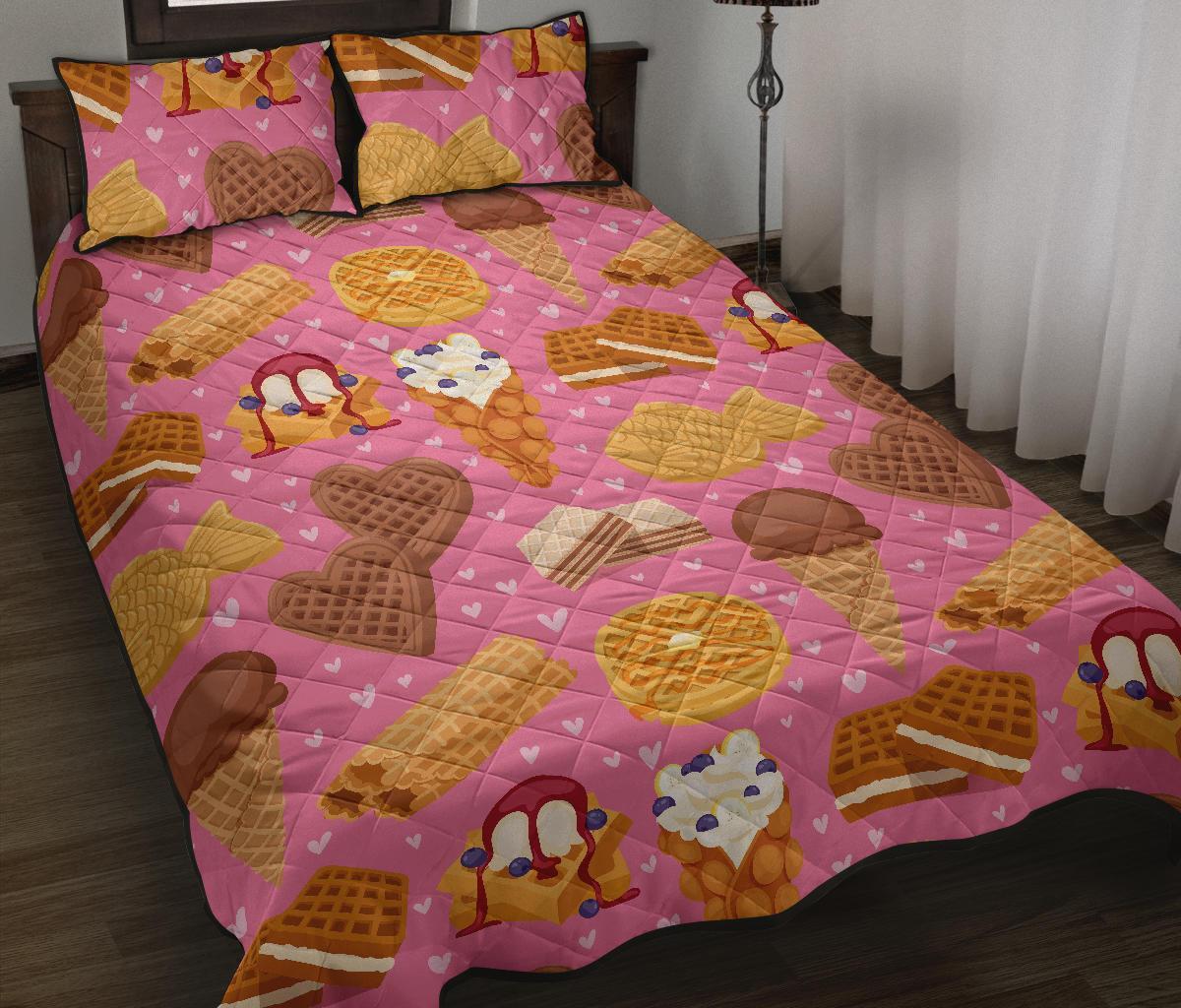 Waffle Dessert Pattern Print Bed Set Quilt-grizzshop