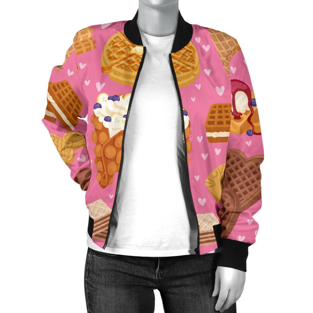 Waffle Dessert Pattern Print Women Casual Bomber Jacket-grizzshop