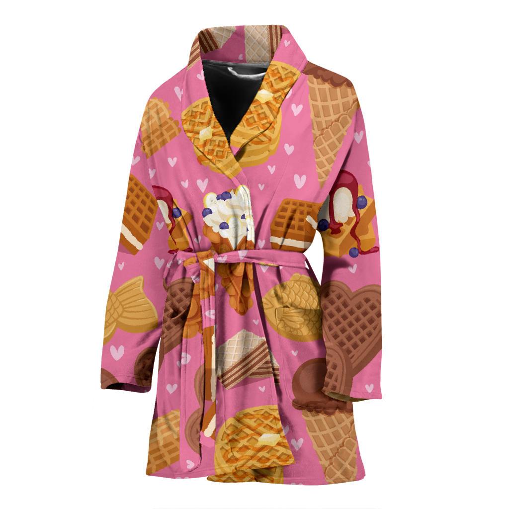 Waffle Dessert Pattern Print Women Long Robe-grizzshop