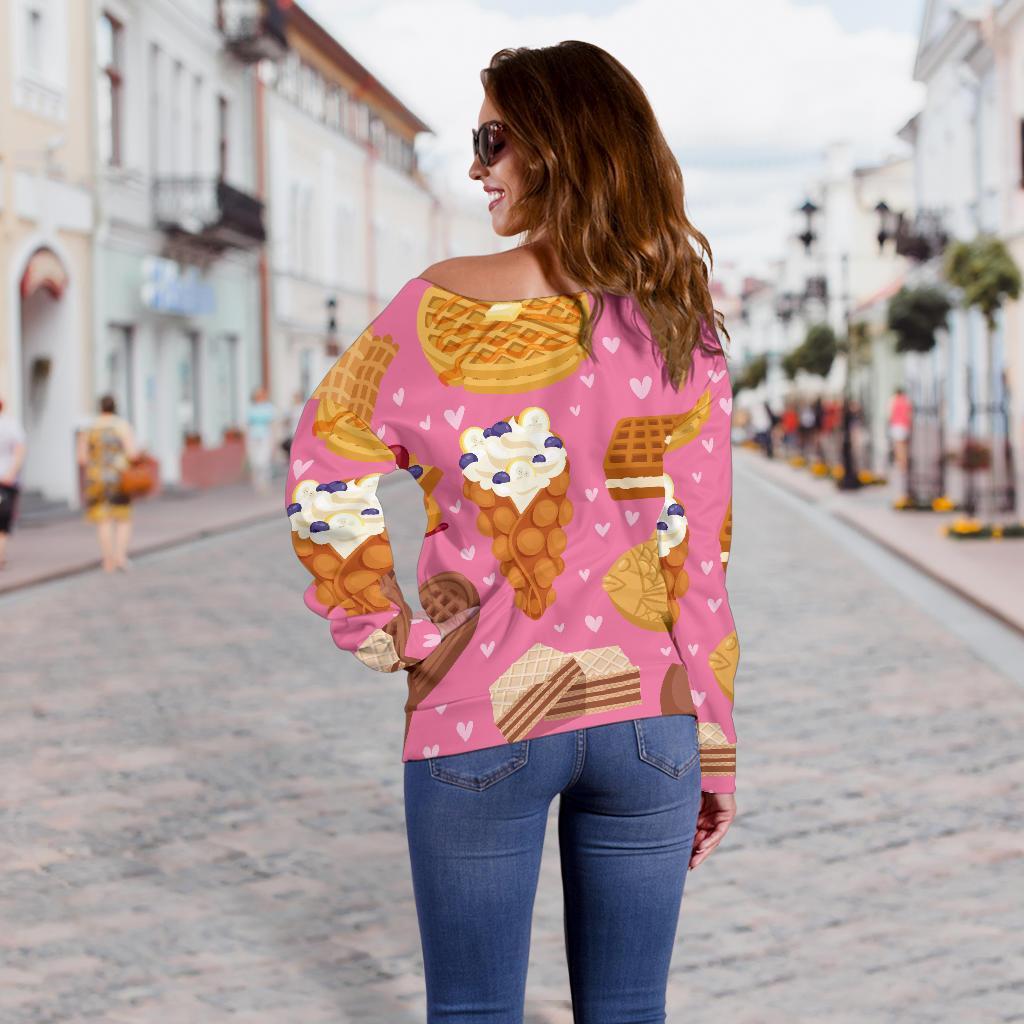 Waffle Dessert Pattern Print Women Off Shoulder Sweatshirt-grizzshop