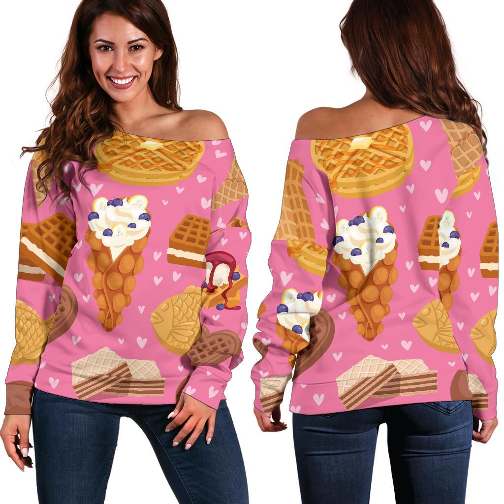 Waffle Dessert Pattern Print Women Off Shoulder Sweatshirt-grizzshop