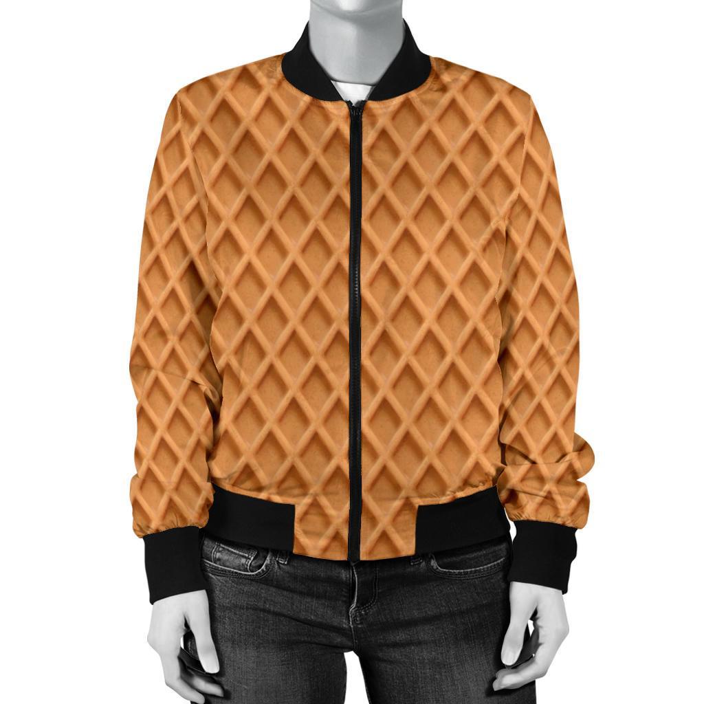 Waffle Pattern Print Women Casual Bomber Jacket-grizzshop