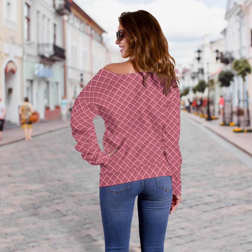 Waffle Pink Pattern Print Women Off Shoulder Sweatshirt-grizzshop