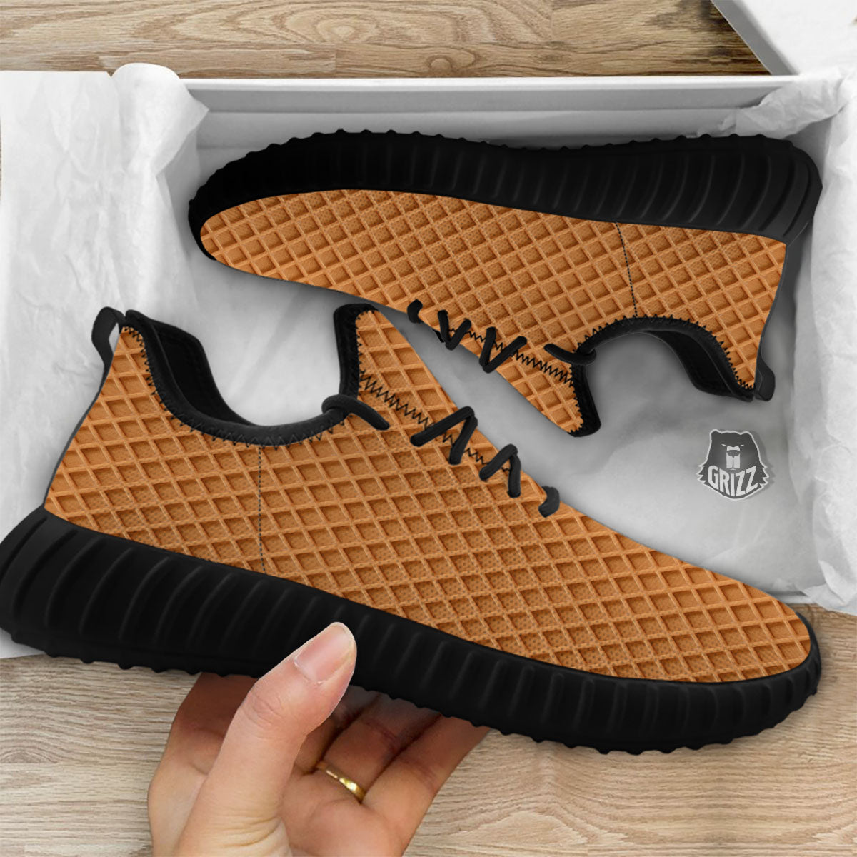 Waffles Print Black Walking Shoes-grizzshop