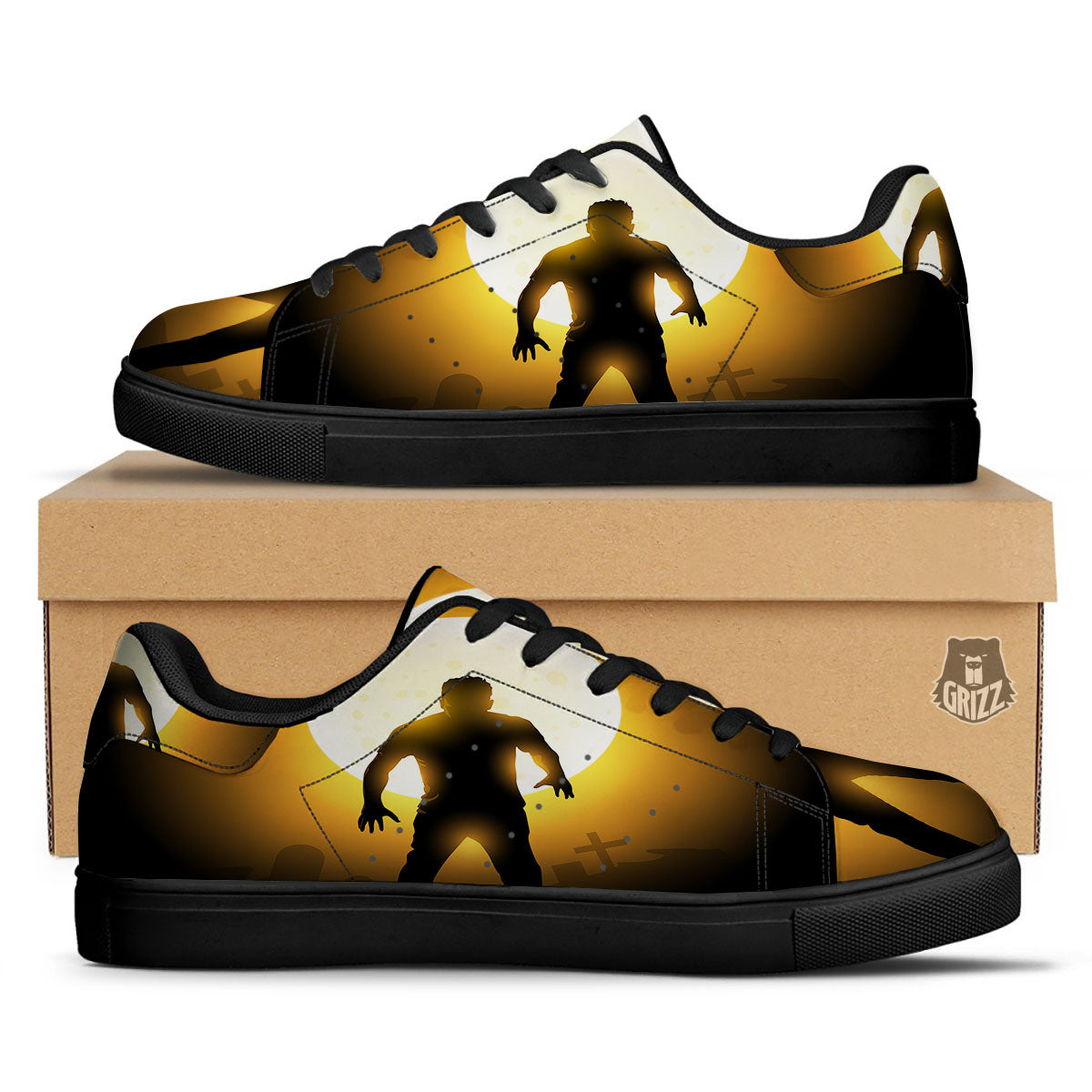 Walking Zombie Halloween Print Black Low Top Sneakers-grizzshop