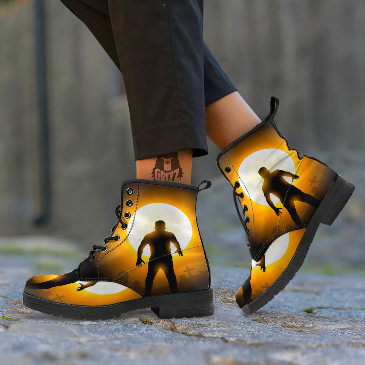 Walking Zombie Halloween Print Leather Boots-grizzshop