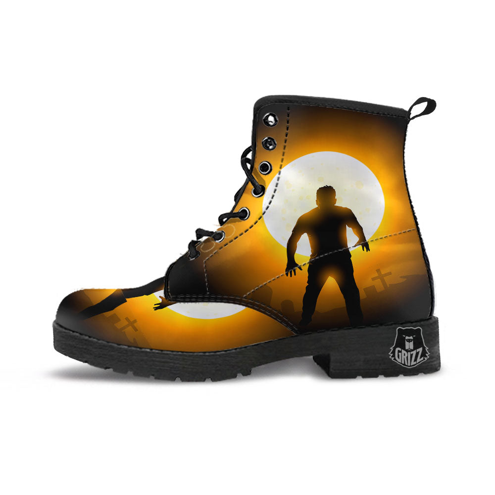 Walking Zombie Halloween Print Leather Boots-grizzshop