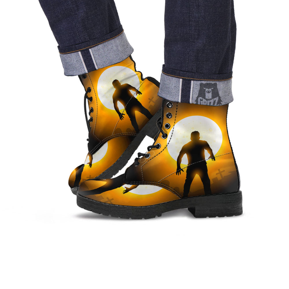 Walking Zombie Halloween Print Leather Boots-grizzshop