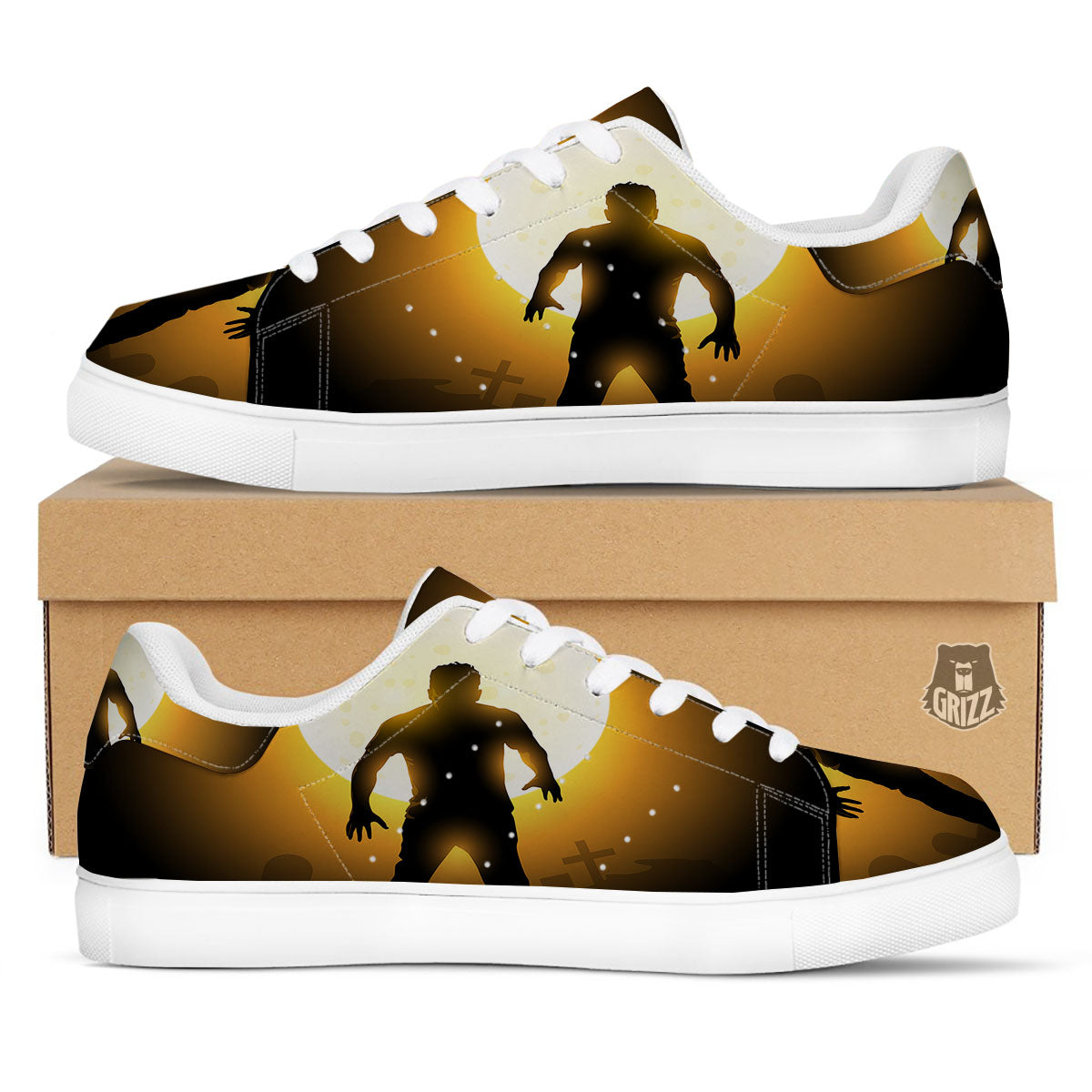 Walking Zombie Halloween Print White Low Top Sneakers-grizzshop