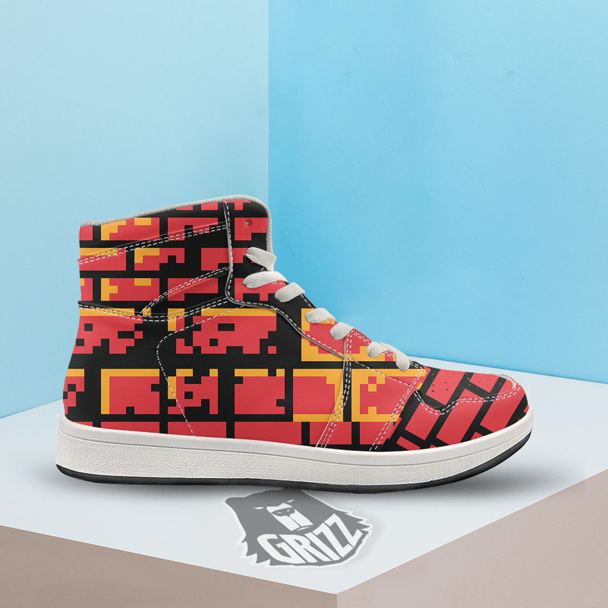 Wall Orange 8-Bit Pixel Print High Top Sneakers-grizzshop