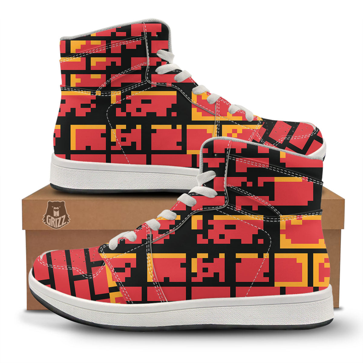 Wall Orange 8-Bit Pixel Print High Top Sneakers-grizzshop