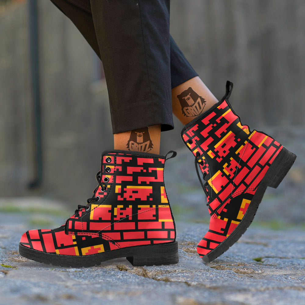Wall Orange 8-Bit Pixel Print Leather Boots-grizzshop