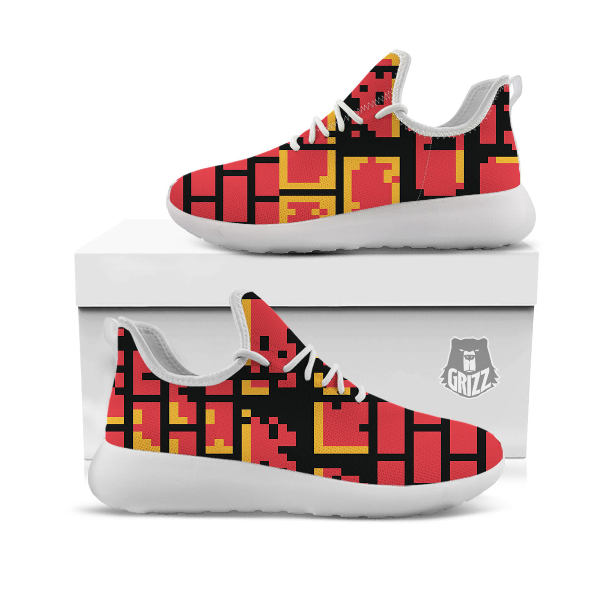 Wall Orange 8-Bit Pixel Print White Athletic Shoes-grizzshop