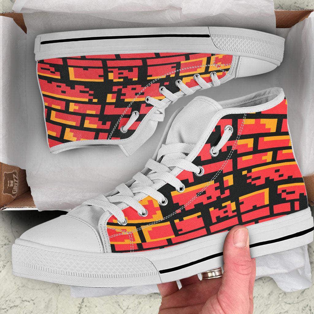 Wall Orange 8-Bit Pixel Print White High Top Shoes-grizzshop