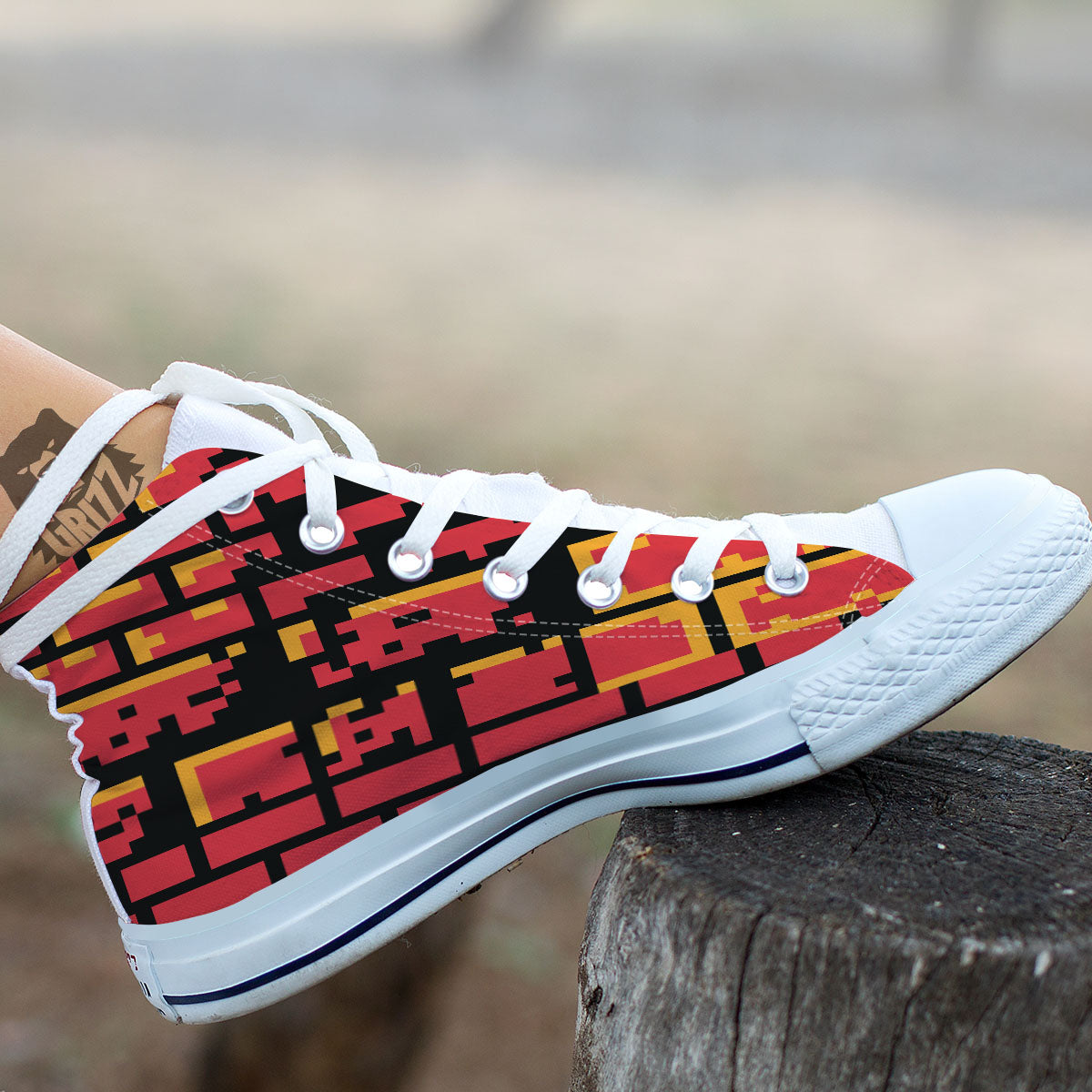 Wall Orange 8-Bit Pixel Print White High Top Shoes-grizzshop
