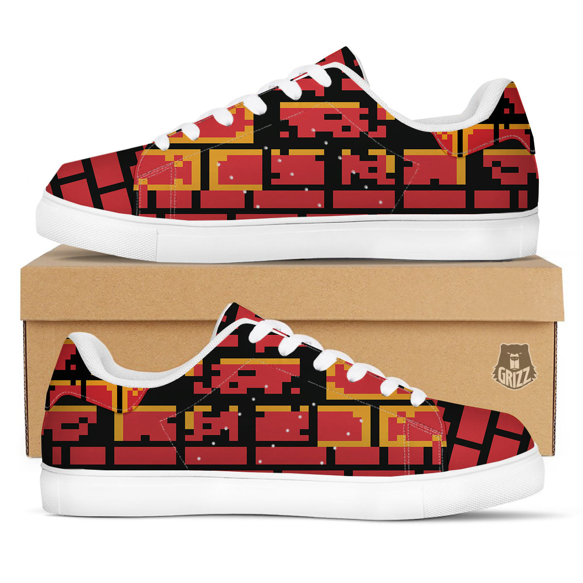 Wall Orange 8-Bit Pixel Print White Low Top Sneakers-grizzshop