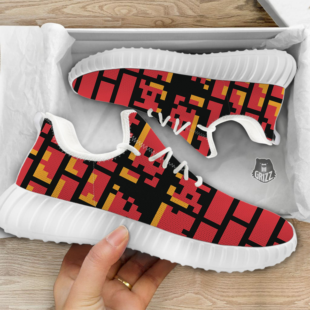 Wall Orange 8-Bit Pixel Print White Walking Shoes-grizzshop