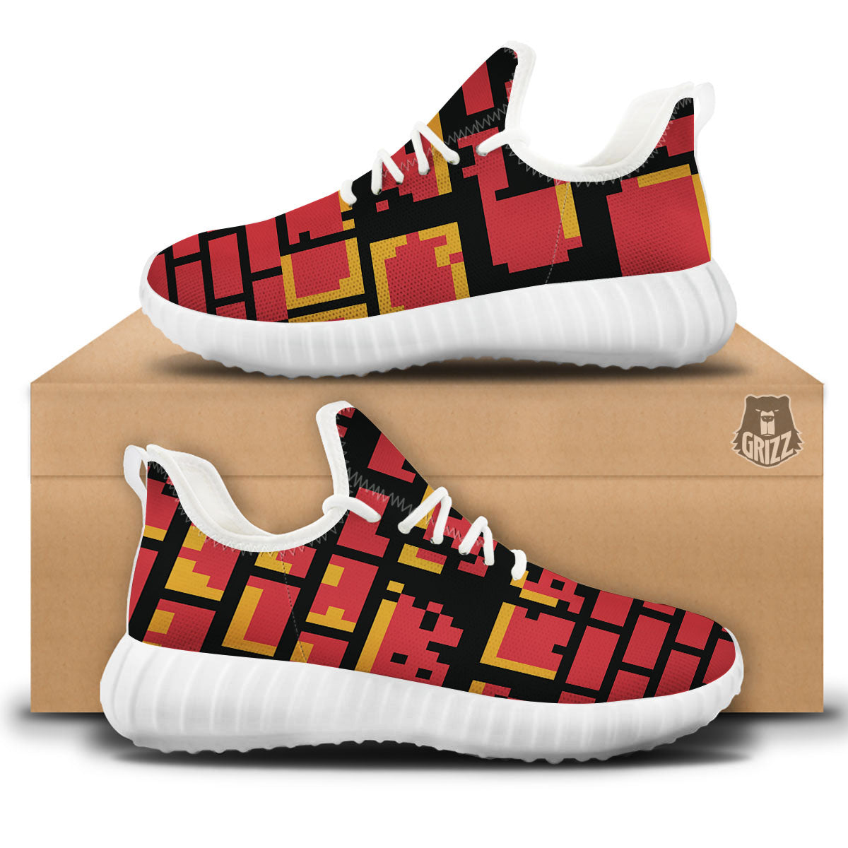 Wall Orange 8-Bit Pixel Print White Walking Shoes-grizzshop