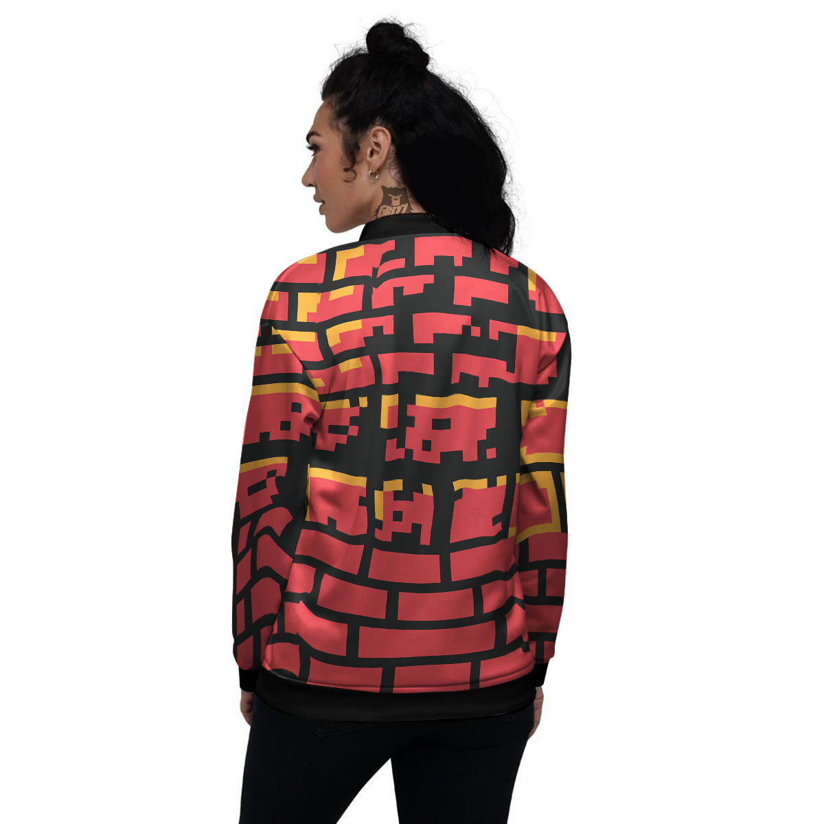 Wall Orange 8-Bit Pixel Print Women's Bomber Jacket-grizzshop