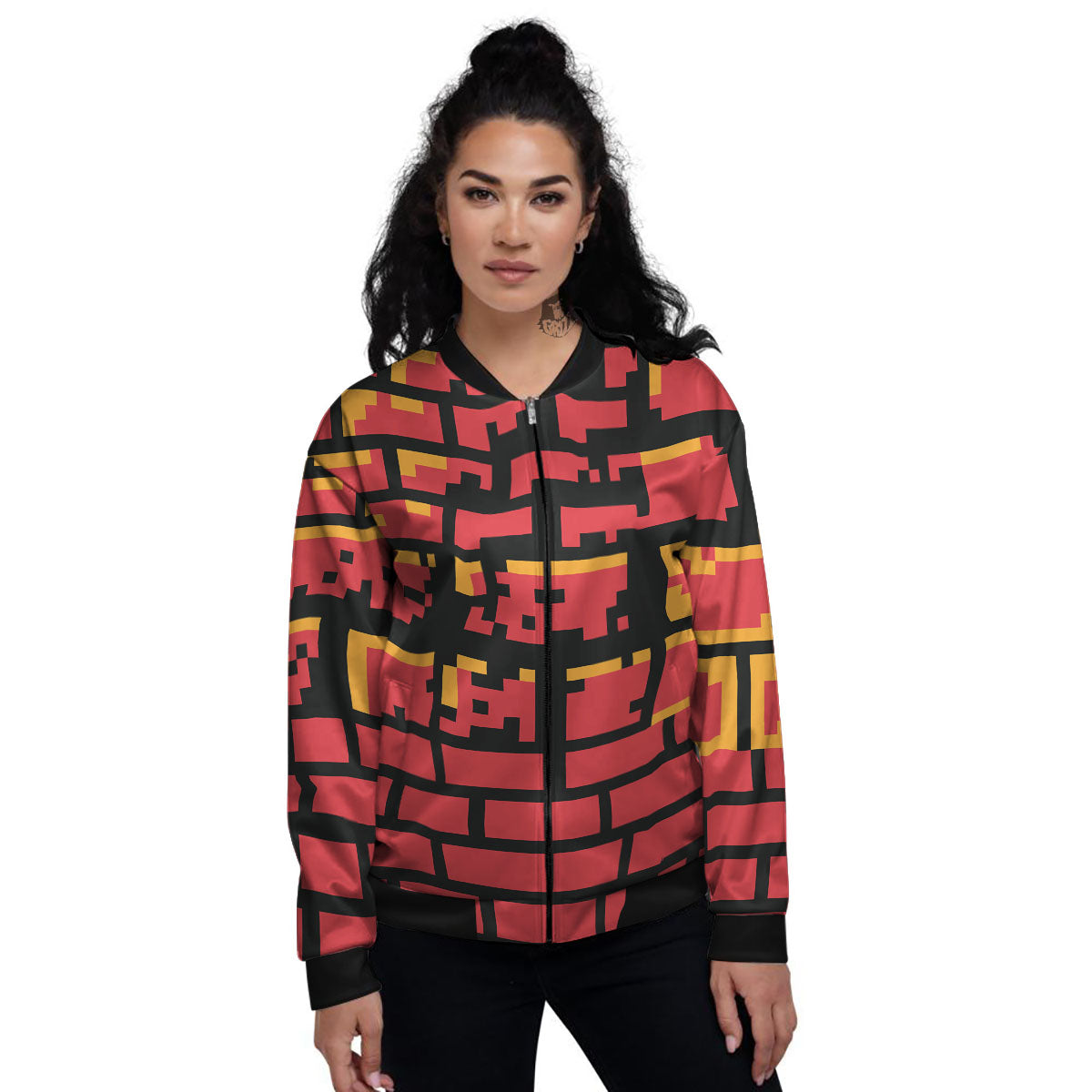 Wall Orange 8-Bit Pixel Print Women's Bomber Jacket-grizzshop