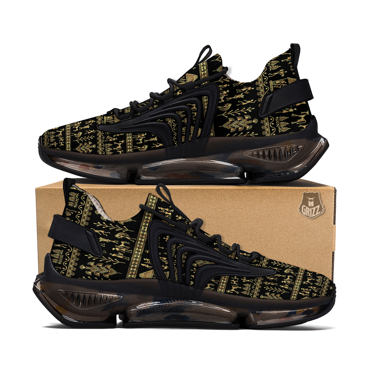 Warli Gold And Black Print Pattern Black Gym Shoes-grizzshop