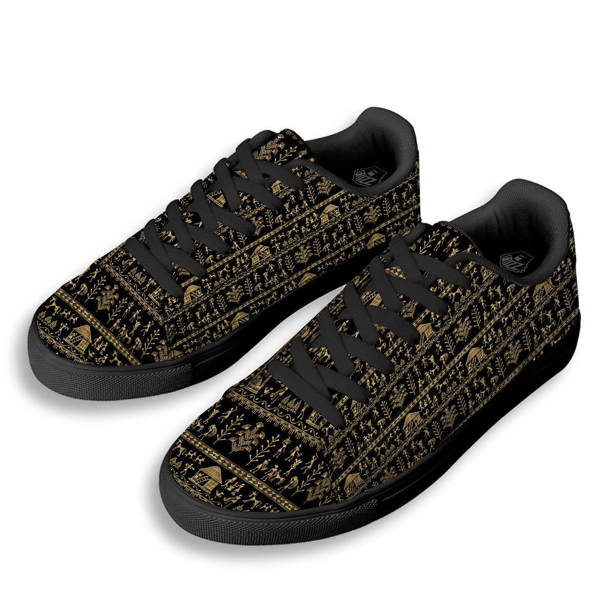 Warli Gold And Black Print Pattern Black Low Top Sneakers-grizzshop