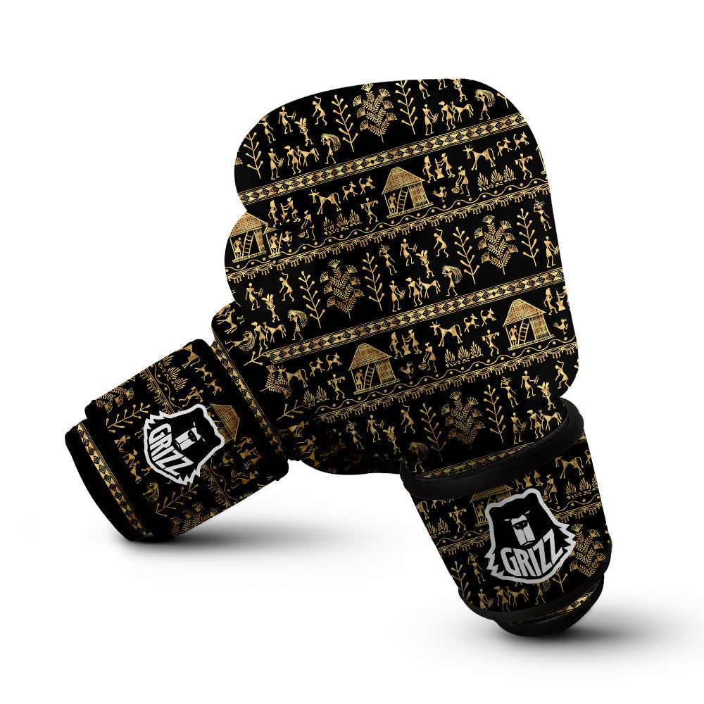 Warli Gold And Black Print Pattern Boxing Gloves-grizzshop