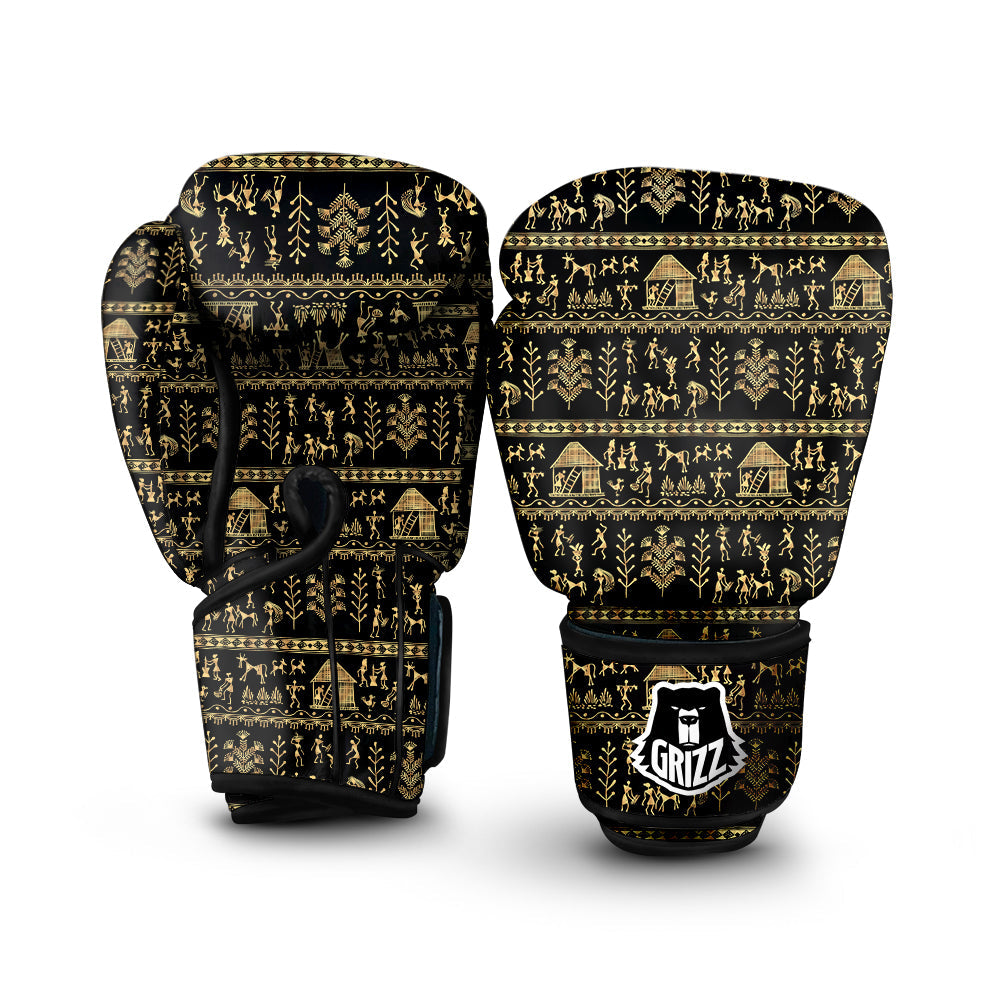 Warli Gold And Black Print Pattern Boxing Gloves-grizzshop