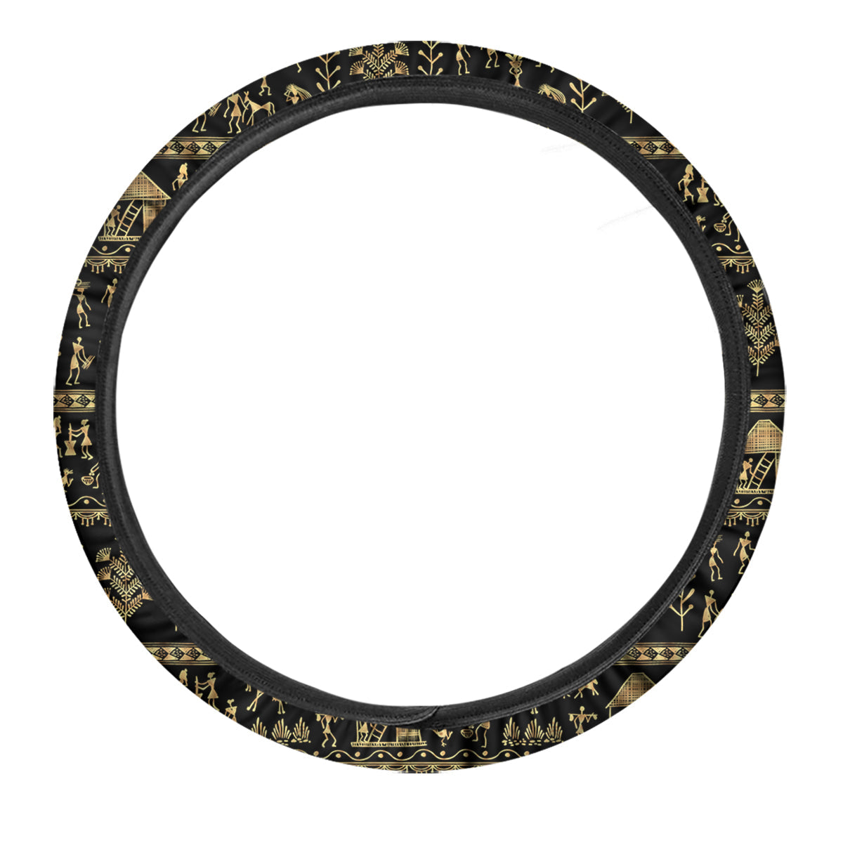 Warli Gold And Black Print Pattern Car Steering Wheel Cover-grizzshop