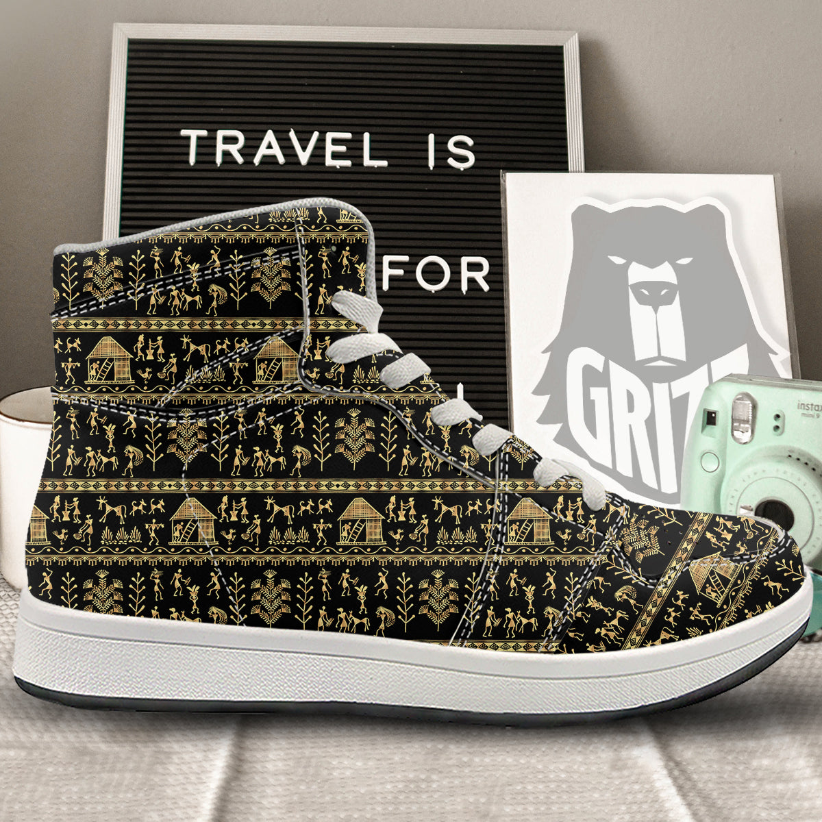 Warli Gold And Black Print Pattern High Top Sneakers-grizzshop