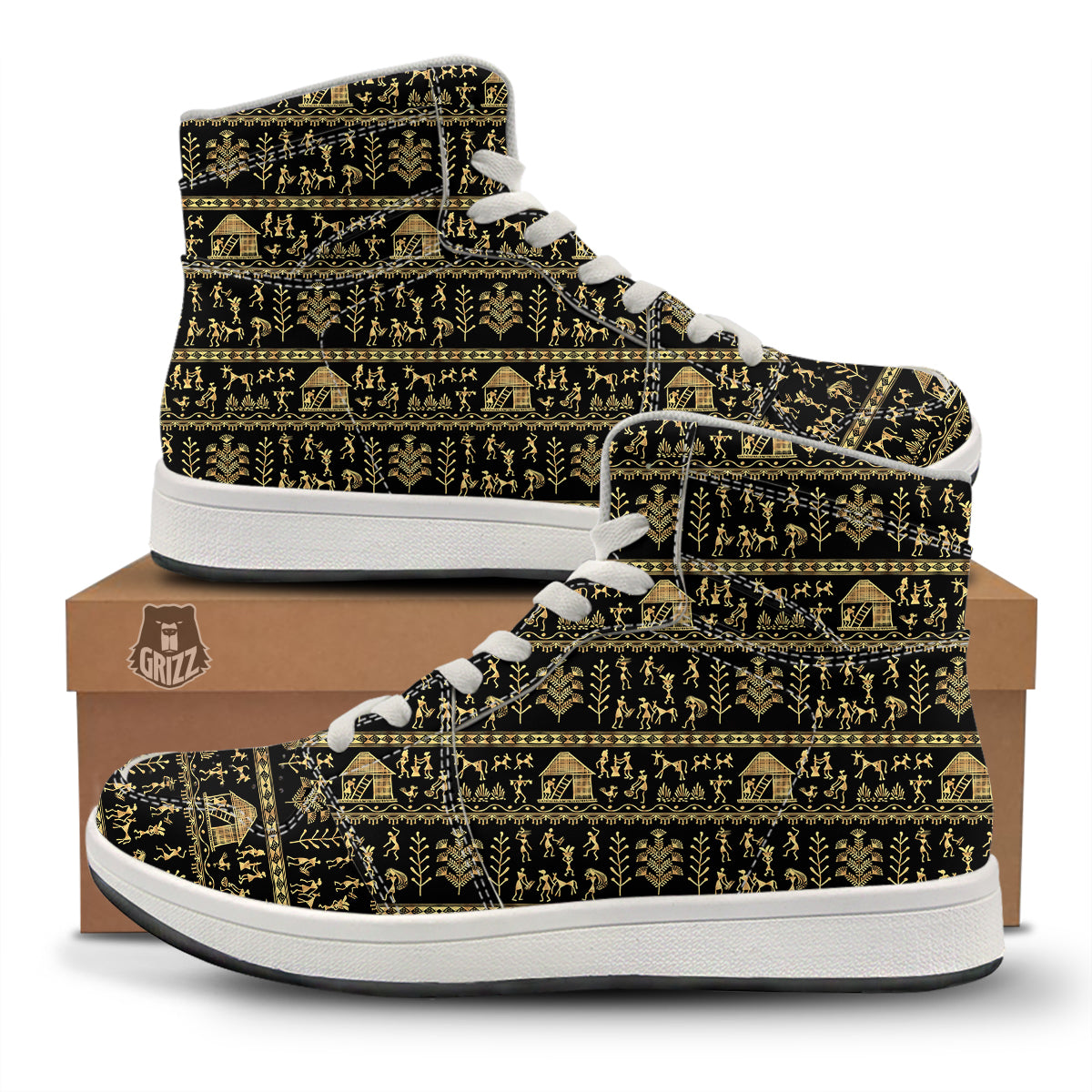 Warli Gold And Black Print Pattern High Top Sneakers-grizzshop