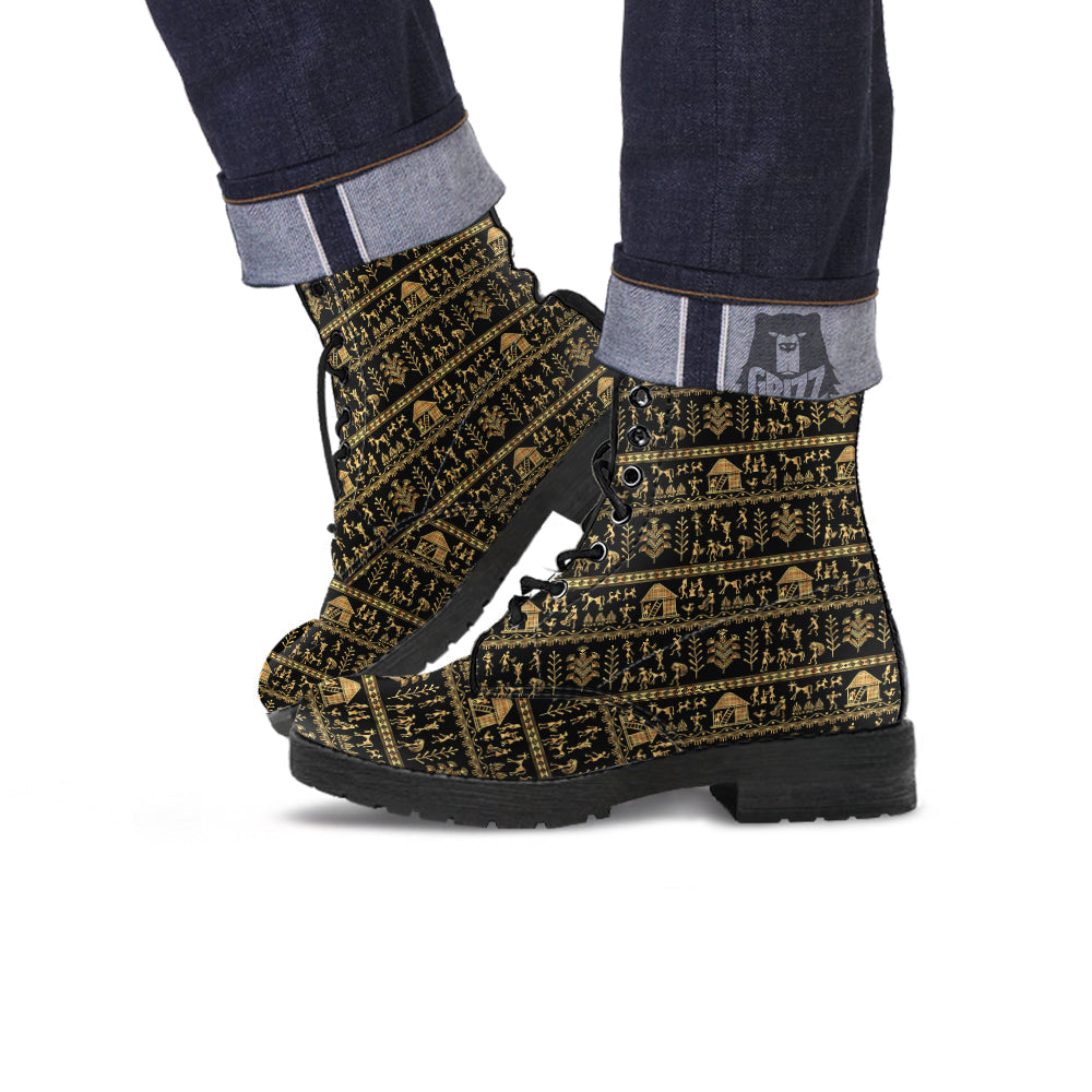 Warli Gold And Black Print Pattern Leather Boots-grizzshop