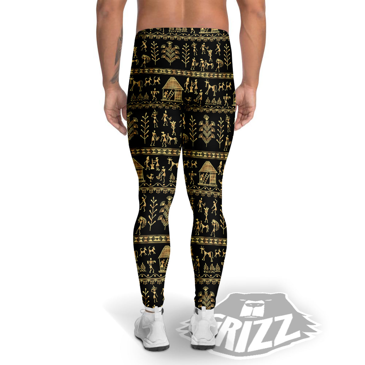 Warli Gold And Black Print Pattern Men's Leggings-grizzshop