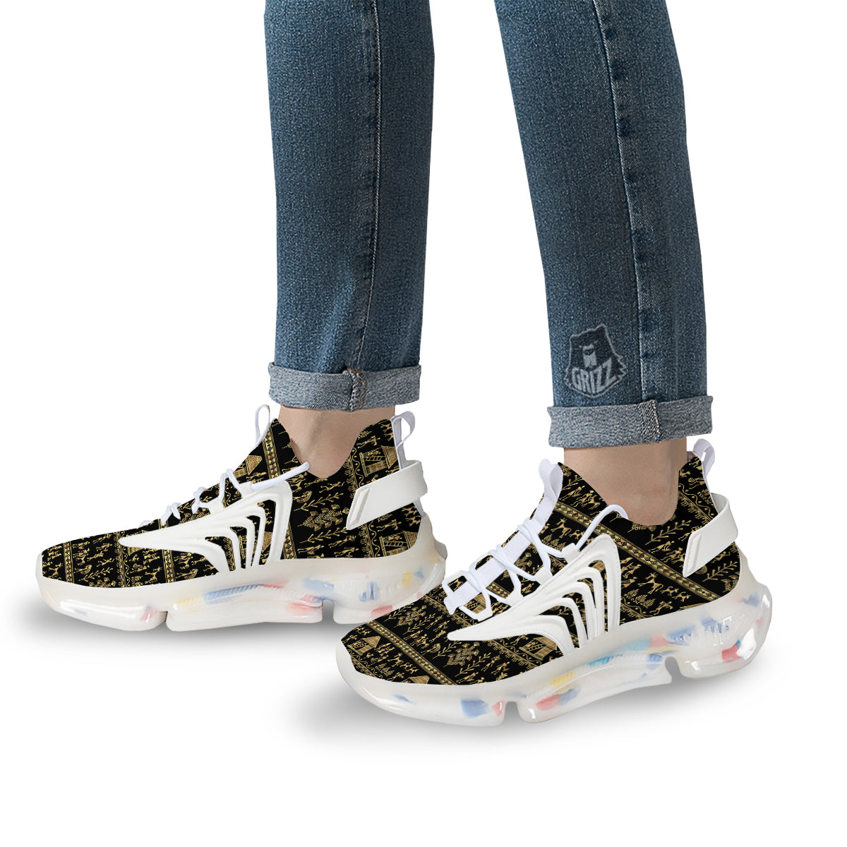 Warli Gold And Black Print Pattern White Gym Shoes-grizzshop