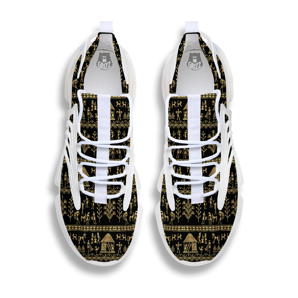 Warli Gold And Black Print Pattern White Gym Shoes-grizzshop