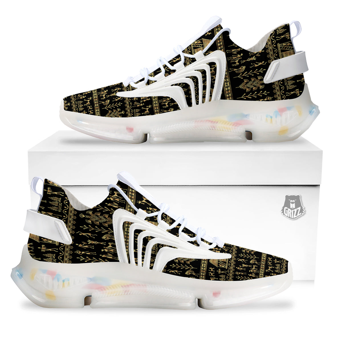 Warli Gold And Black Print Pattern White Gym Shoes-grizzshop