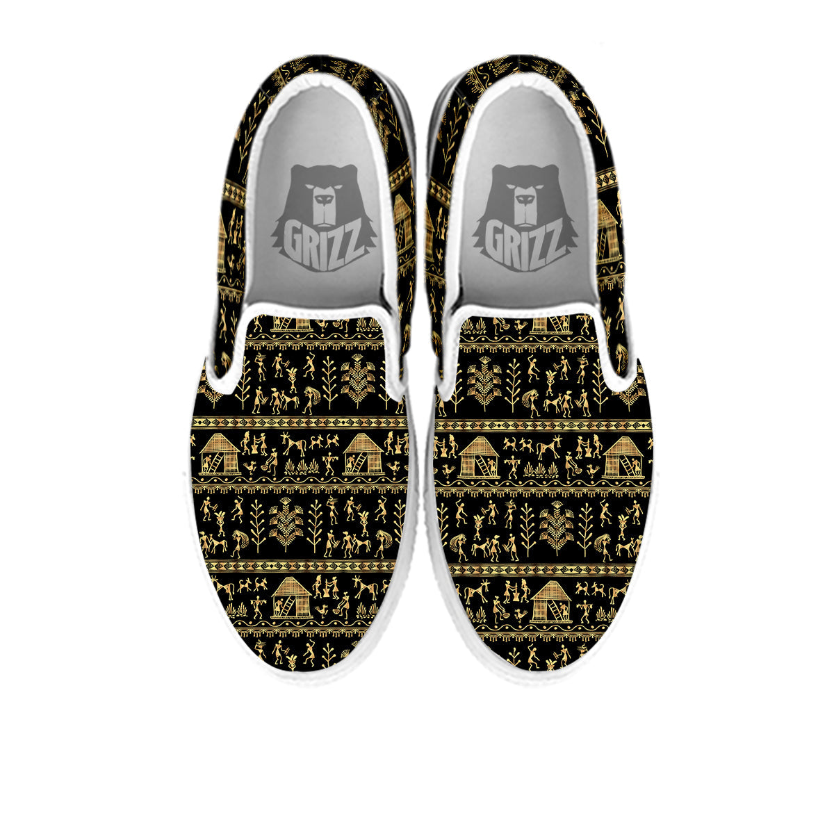 Warli Gold And Black Print Pattern White Slip On Shoes-grizzshop