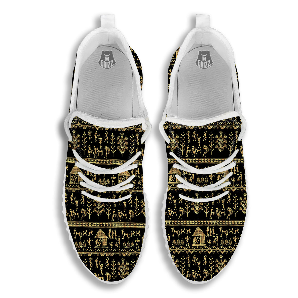 Warli Gold And Black Print Pattern White Walking Shoes-grizzshop