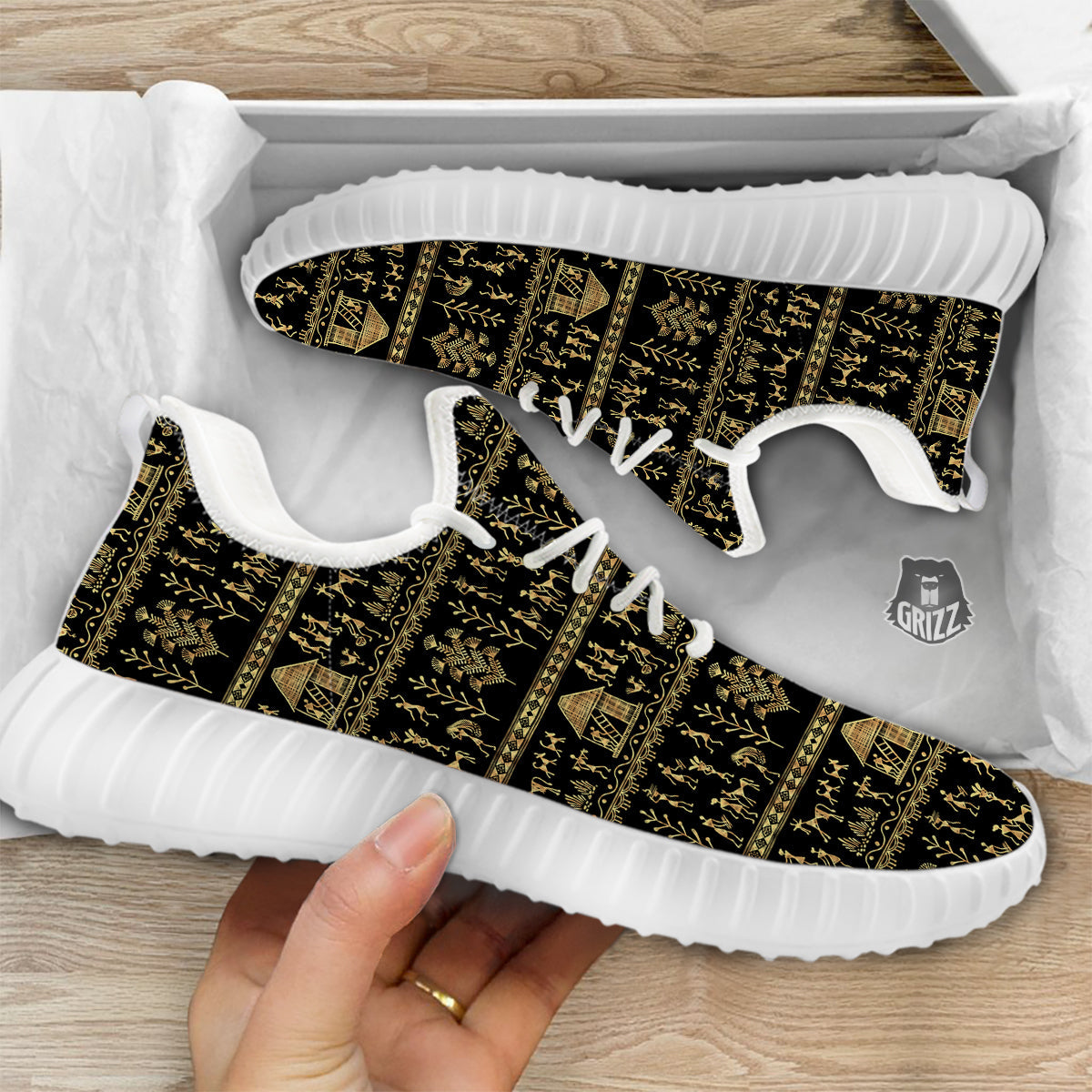 Warli Gold And Black Print Pattern White Walking Shoes-grizzshop