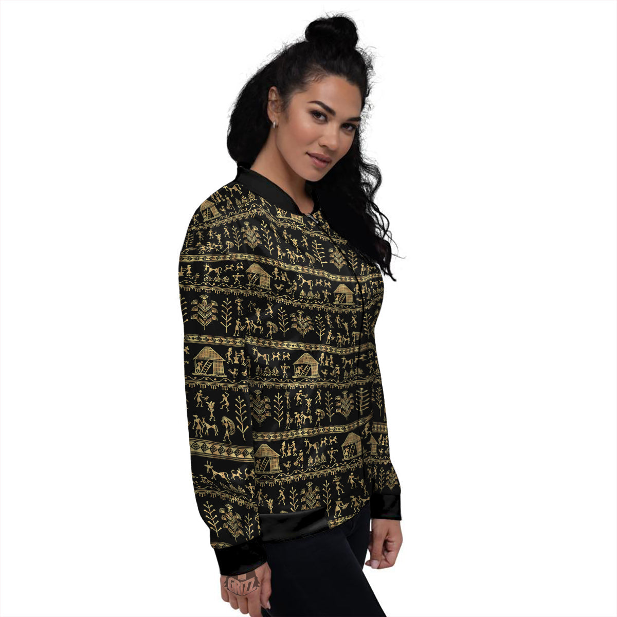 Warli Gold And Black Print Pattern Women's Bomber Jacket-grizzshop