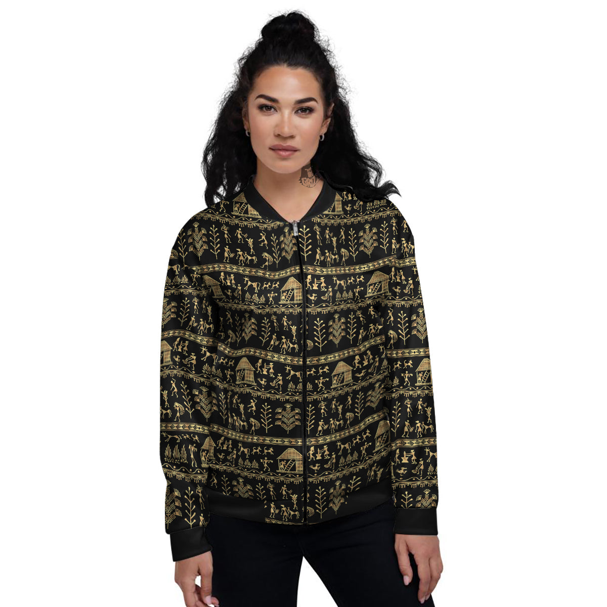 Warli Gold And Black Print Pattern Women's Bomber Jacket-grizzshop