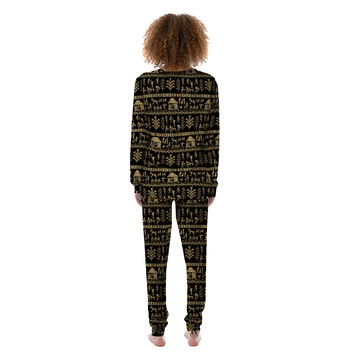 Warli Gold And Black Print Pattern Women's Pajamas-grizzshop