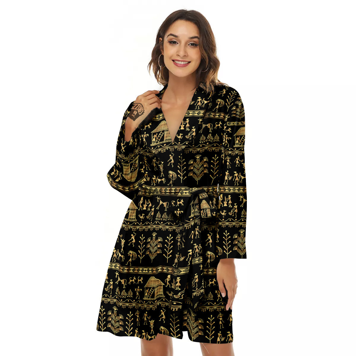 Warli Gold And Black Print Pattern Women's Robe-grizzshop