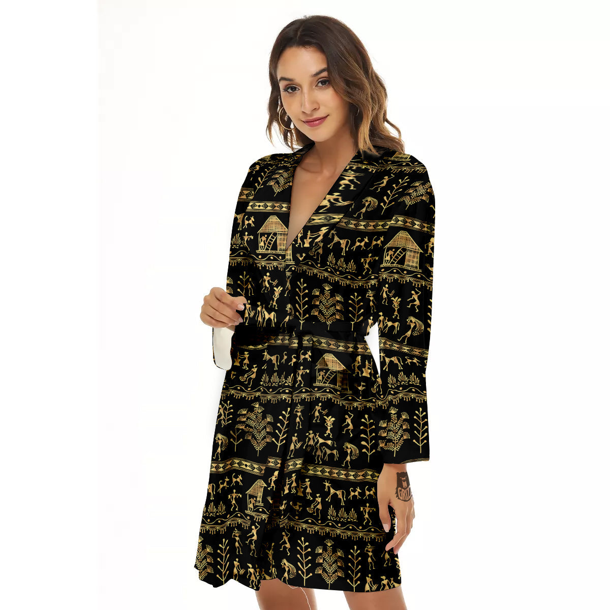 Warli Gold And Black Print Pattern Women's Robe-grizzshop