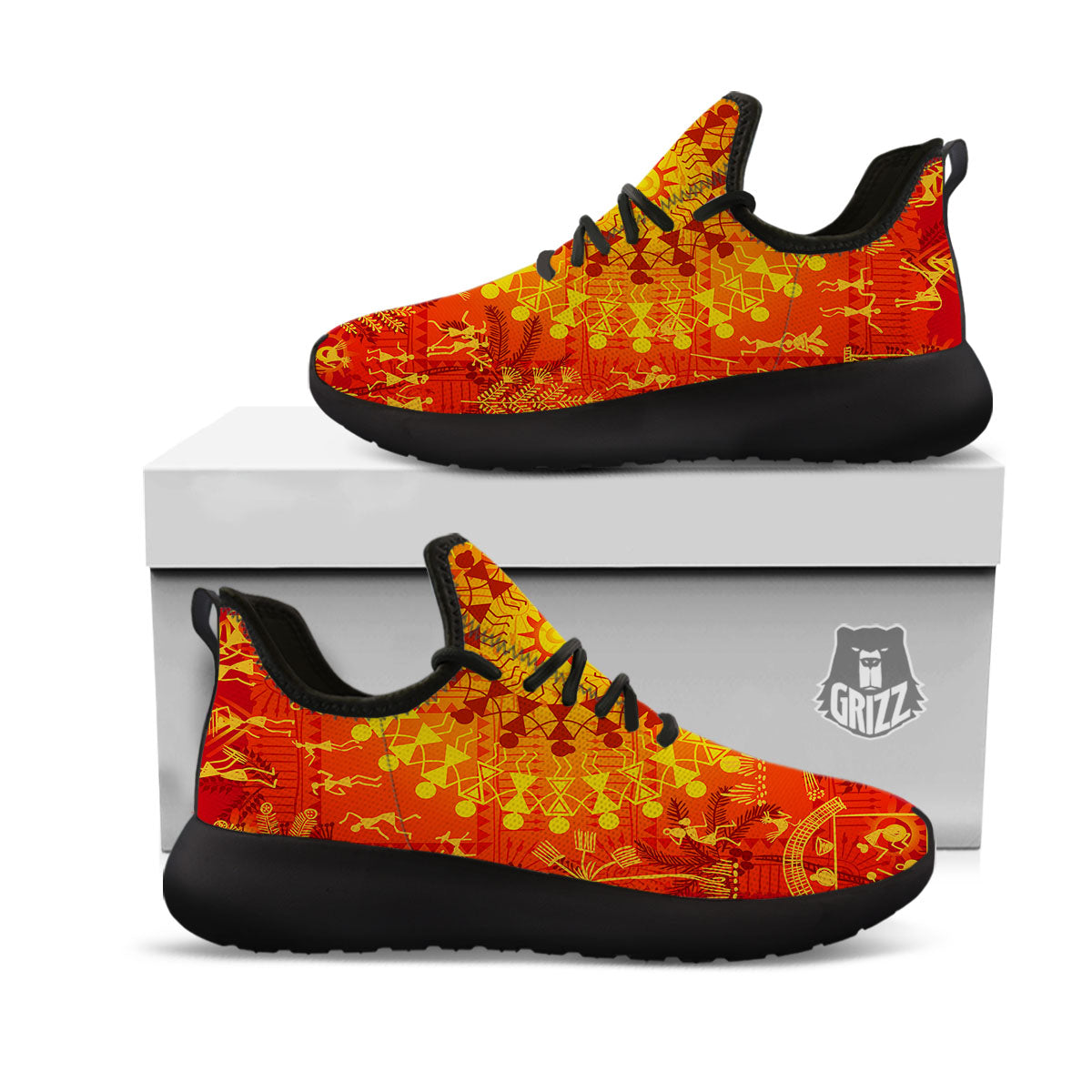 Warli Tribal Ancient Indian Print Black Athletic Shoes-grizzshop