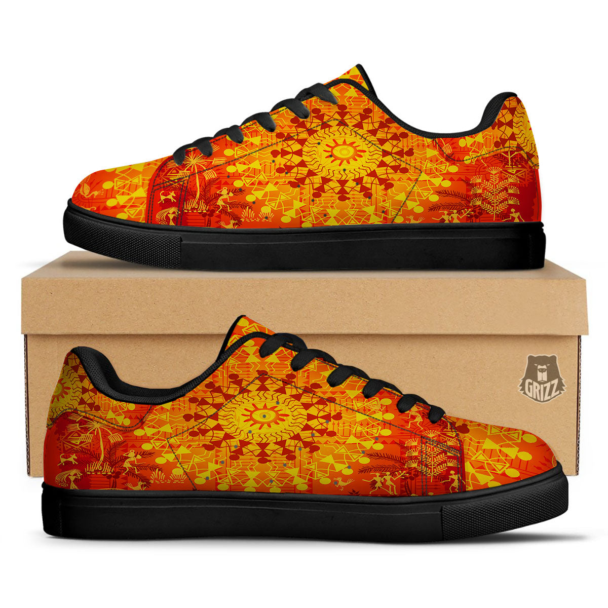 Warli Tribal Ancient Indian Print Black Low Top Sneakers-grizzshop