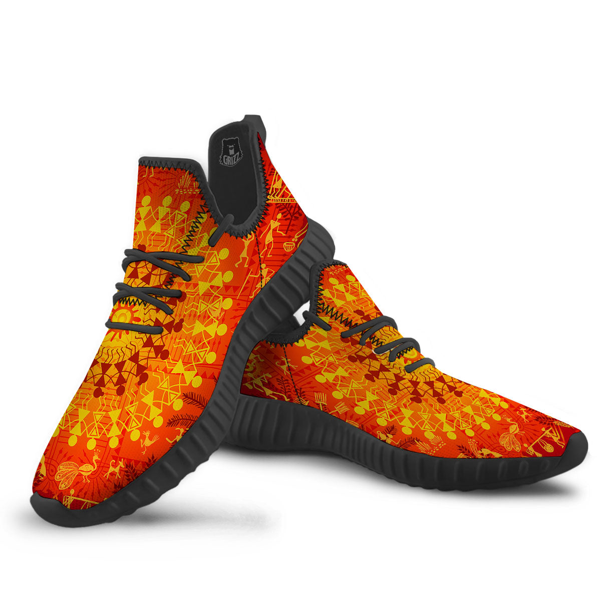 Warli Tribal Ancient Indian Print Black Walking Shoes-grizzshop