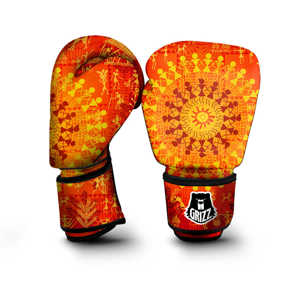 Warli Tribal Ancient Indian Print Boxing Gloves-grizzshop